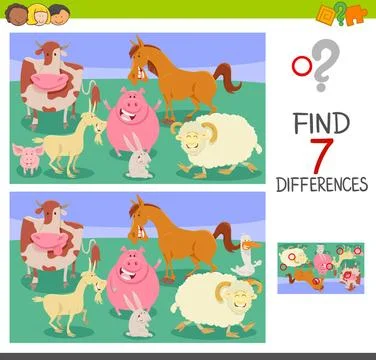 Find differences game with farm animals Cartoon Illustration of Finding Se... 스톡 사진