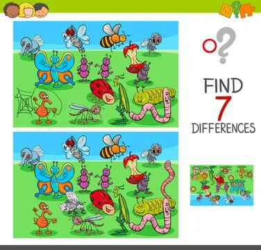 Find differences game with insect animals Cartoon Illustration of Finding ... 스톡 사진