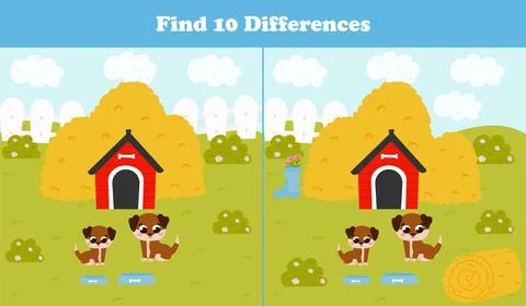 Find differences game for kids with dog family and house, haystacks, farm lan イラスト素材