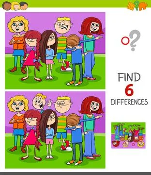 Find differences game with kids group Cartoon Illustration of Finding Six ... 写真素材