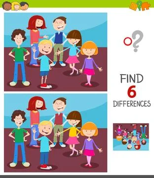 Find differences game with kids group Cartoon Illustration of Finding Six ... 写真素材