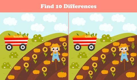 Find differences game for kids with scarecrow and field of sunflower and pump Stock Illustration