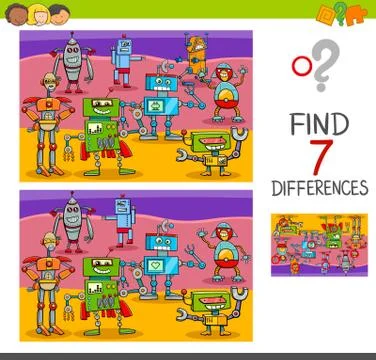 Find differences game with robot characters Stock Illustration