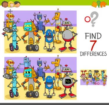 Find differences game with robot characters Stock Illustration