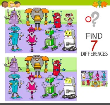 Find differences game with robots fantasy characters Stock Illustration
