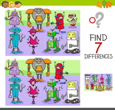 Find differences game with robots fantasy characters Cartoon Illustration ... Stock Photos