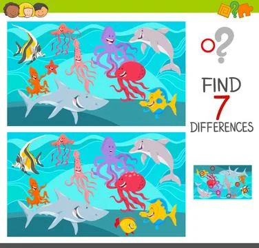 Find differences game with sea animals Cartoon Illustration of Finding Sev... 스톡 사진