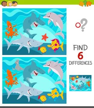 Find differences game with sea animals Cartoon Illustration of Finding Six... Stock Photos