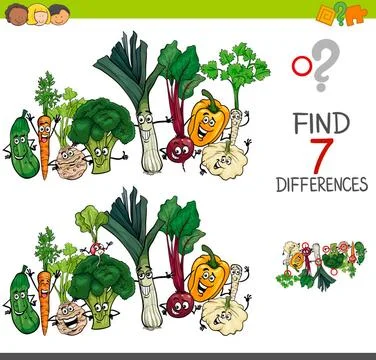 Find differences game with vegetables characters Cartoon Illustration of F... Stock Photos