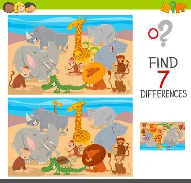 Find differences game with wild animal characters Cartoon Illustration of ... Stock Photos