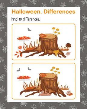 Find differences Halloween fall holiday festive scene of old tree stump, bat, Illustrazione stock