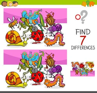 Find differences with insects animal characters Cartoon Illustration of Fi... Stock Photos