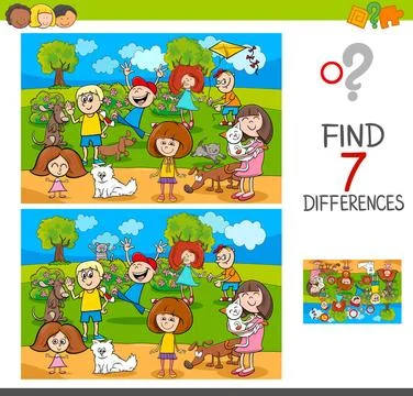 Find differences with kids and pets characters Cartoon Illustration of Fin... Stock Photos