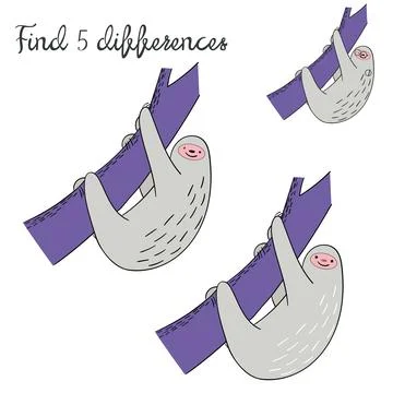 Find differences kids layout for game sloth Stock Illustration