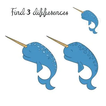 Find differences kids layout for game narwhal Stock Illustration