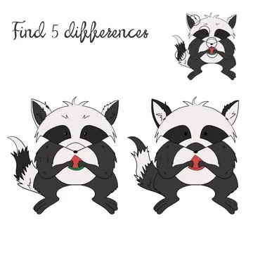 Find differences kids layout for game raccoon Stock Illustration