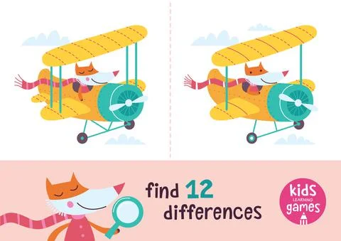 Find the differences. Kids learning games collection. Fox in a cartoon style is  Stock Illustration