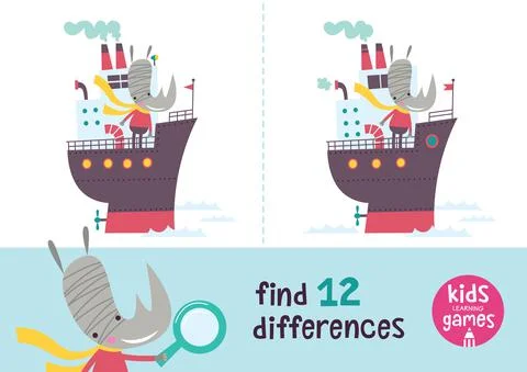 Find the differences. Kids learning games collection. Rhino in a cartoon style i Stock Illustration
