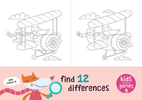 Find the differences. Kids learning games collection. Fox in a cartoon style is  Illustrazione stock