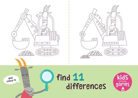 Find the differences. Kids learning games collection. Goat and excavator in a ca Illustrazione stock