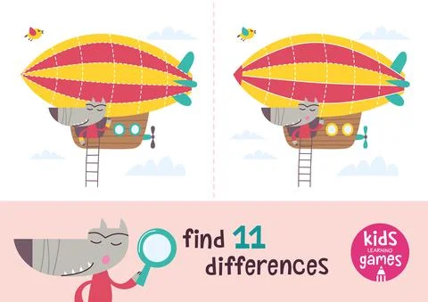 Find the differences. Kids learning games collection. Wolf in a cartoon style is Stock Illustration