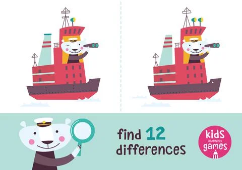 Find the differences. Kids learning games collection. Polar bear in a cartoon st Stock Illustration