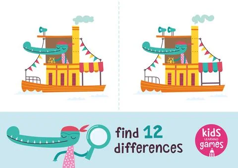 Find the differences. Kids learning games collection. Crocodile in a cartoon sty Stock Illustration