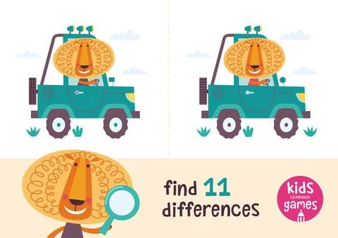 Find the differences. Kids learning games collection. Lion in a cartoon style is Stock Illustration