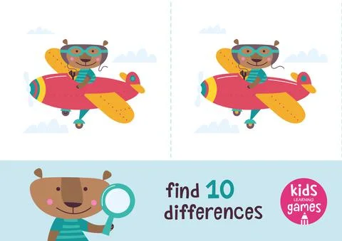 Find the differences. Kids learning games collection. Bear in a cartoon style is Illustrazione stock