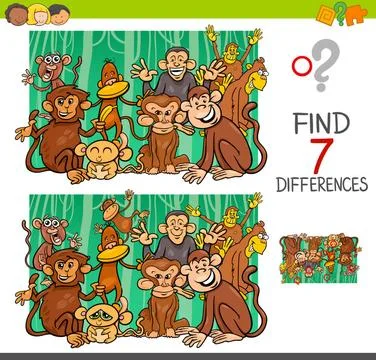 Find differences with monkeys animal characters Cartoon Illustration of Fi... Foto stock