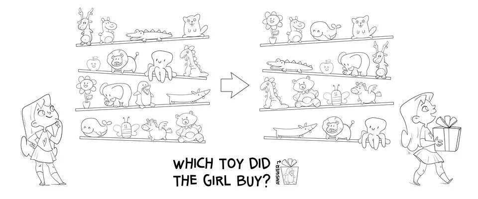 Find the differences puzzle game. Which toy did the girl buy. Coloring book Stock Illustration