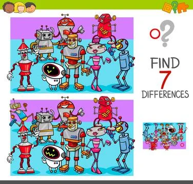 Find differences with robot characters Cartoon Illustration of Finding Sev... 스톡 사진