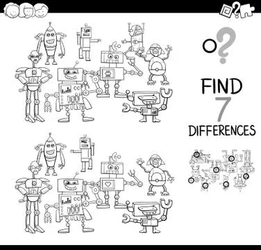 Find differences with robots color book Stock Illustration