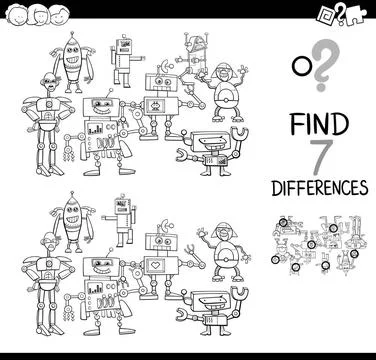 Find differences with robots color book Black and White Cartoon Illustrati... Stock Photos