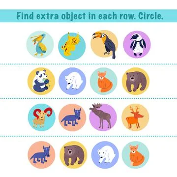 Find extra object on each row. Circle. Game for children. Animals and bird Illustrazione stock