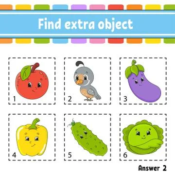 Find extra object. Educational activity worksheet for kids and toddlers. Game Stock Illustration