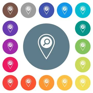 Find GPS location flat white icons on round color backgrounds Stock Illustration
