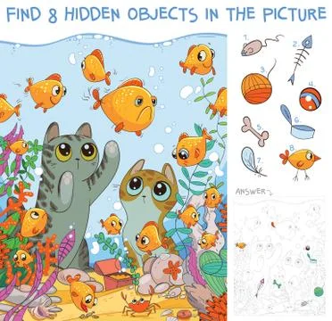 Find hidden objects. Cats looking at fish in an aquarium Illustrazione stock