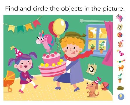 Find hidden objects. Game for children. Birthday party. Cute cartoon characters Illustrazione stock