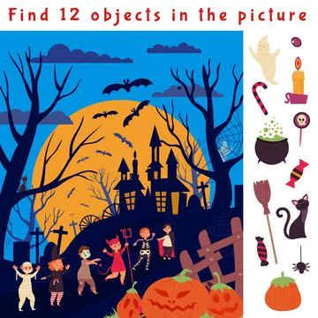 Find hidden objects. Halloween game location, fun children puzzle. Look play Stock Illustration
