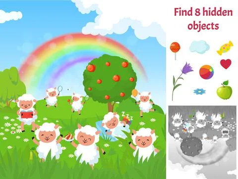 Find hidden objects. Kids puzzle game with sheep on meadow. Fun brain teaser Stock Illustration