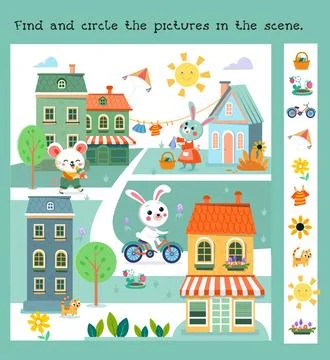 Find hidden objects in picture. Educational puzzle game for kids. Cute cartoon Stock Illustration