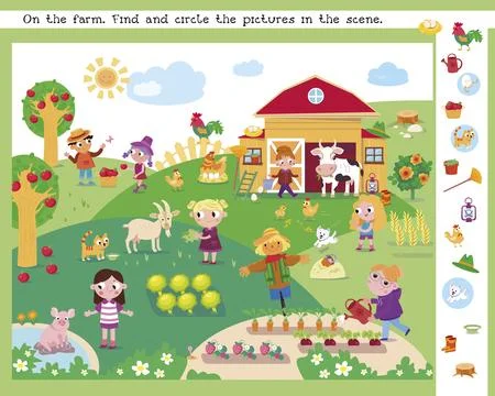 Find hidden objects in picture. Educational puzzle game for kids. Cute farmers Stock Illustration