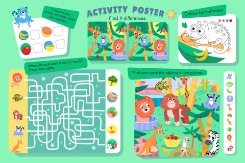 Find hidden objects in picture. Educational puzzle game, maze, count, math for Stock Illustration