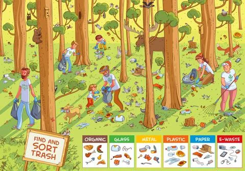 Find hidden objects in the picture. Find and sort the trash. Family collectin Ilustración de archivo