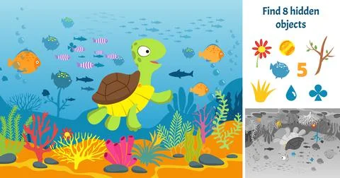 Find hidden objects. Puzzle game kids with fish. Underwater fun brain teaser Stock Illustration