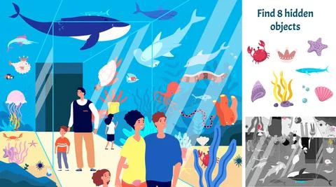 Find hidden objects. Puzzle game kids with fish in aquarium. Underwater fun 库存插图