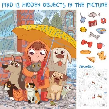 Find hidden objects. Under umbrella. Little girl protects homeless pets from  Illustrazione stock