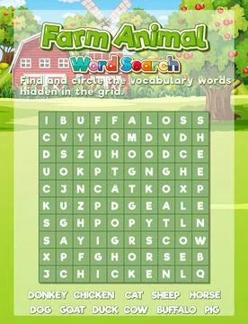 Find Hidden Words: Farm Animals Word Search Game Stock Illustration