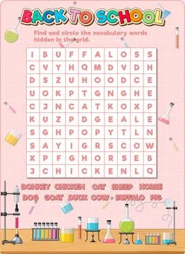 Find Hidden Words Logic Game: English Word Search Puzzle Stock Illustration